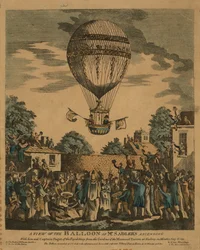 Widok balonu pana Sadlersa wznoszącego się wraz z nim i kapitanem Pagetem z Royal Navy z ogrodów Mermaid Tavern w Hackney w poniedziałek, 12 sierpnia 1811 r.